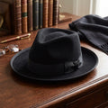 Black Wool Felt Fedora Hat with Ribbon Bow and Brim Trim