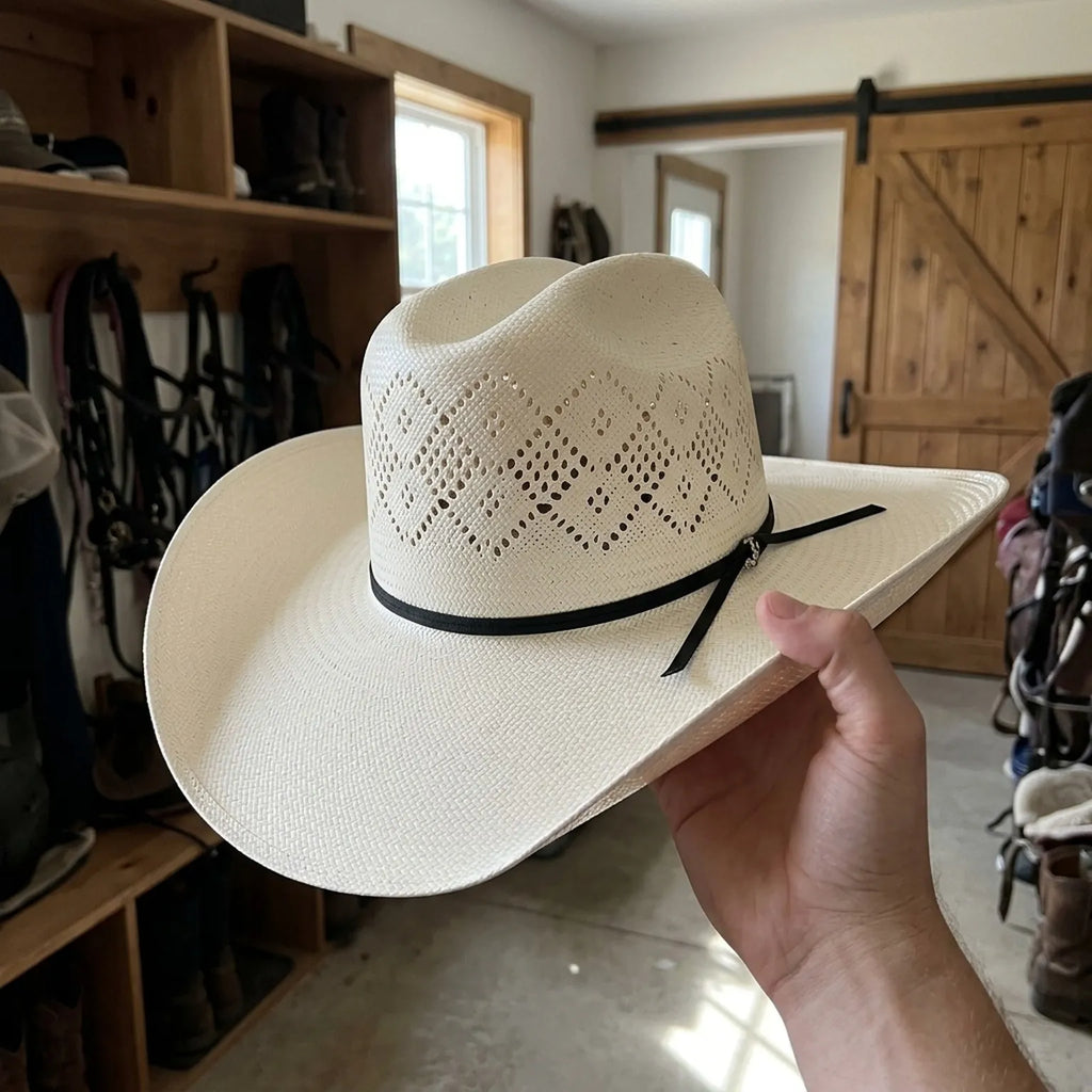 White Straw Sun Hat with Vented Diamond Crown and Grosgrain Band