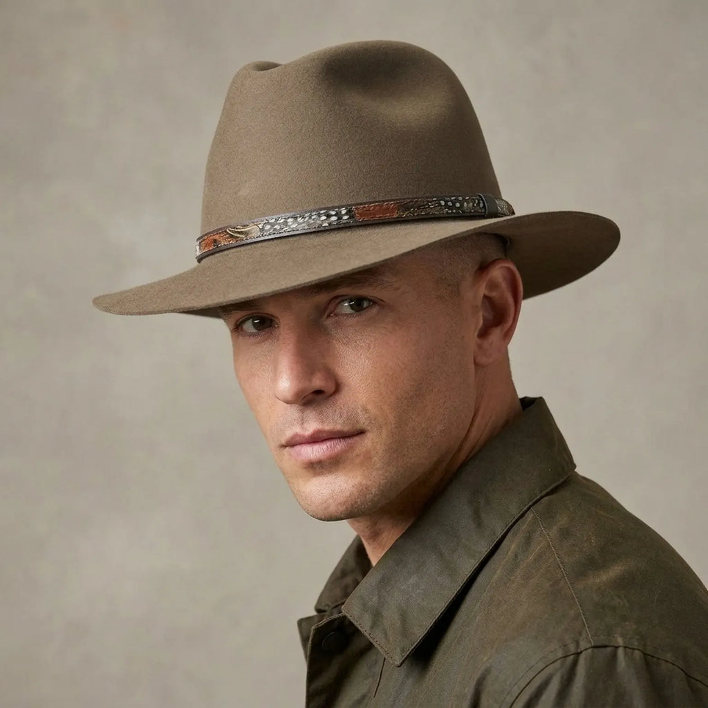 Olive Wool Felt Fedora with Textured Leather Band and Feather Trim