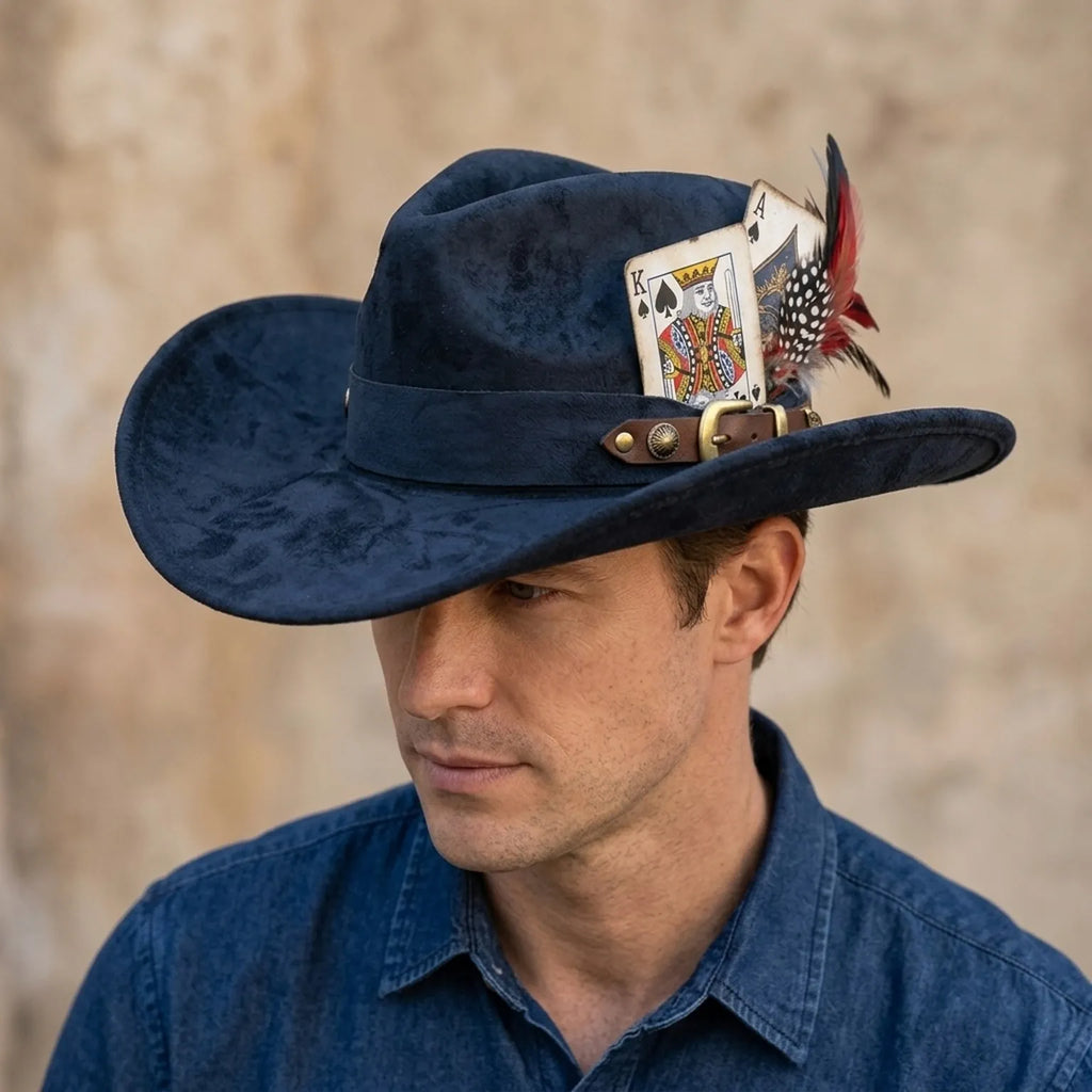 Navy Suede Western Hat With Leather Belt And Feather Cards