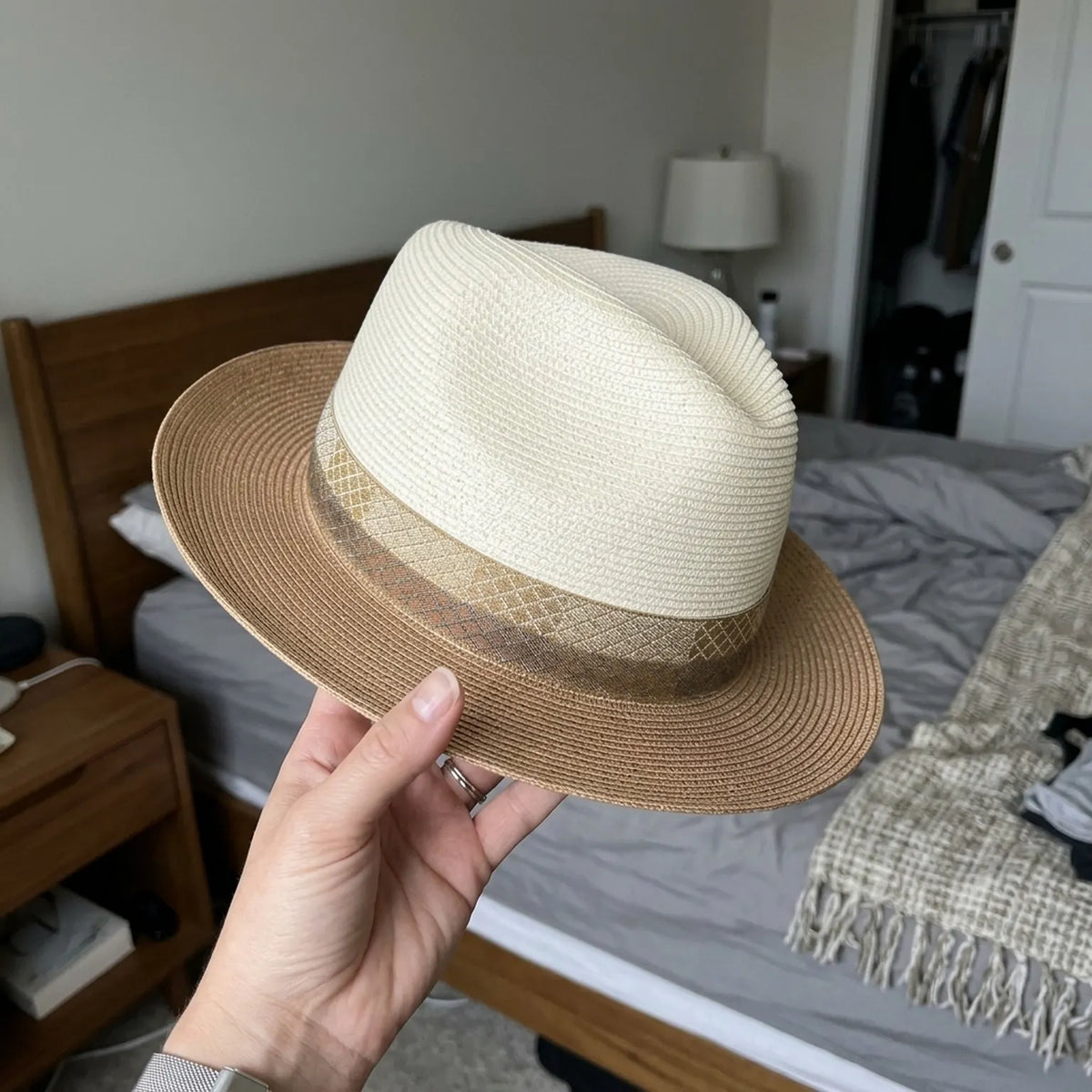 Two-Tone Cream and Tan Straw Sun Hat with Gold Band
