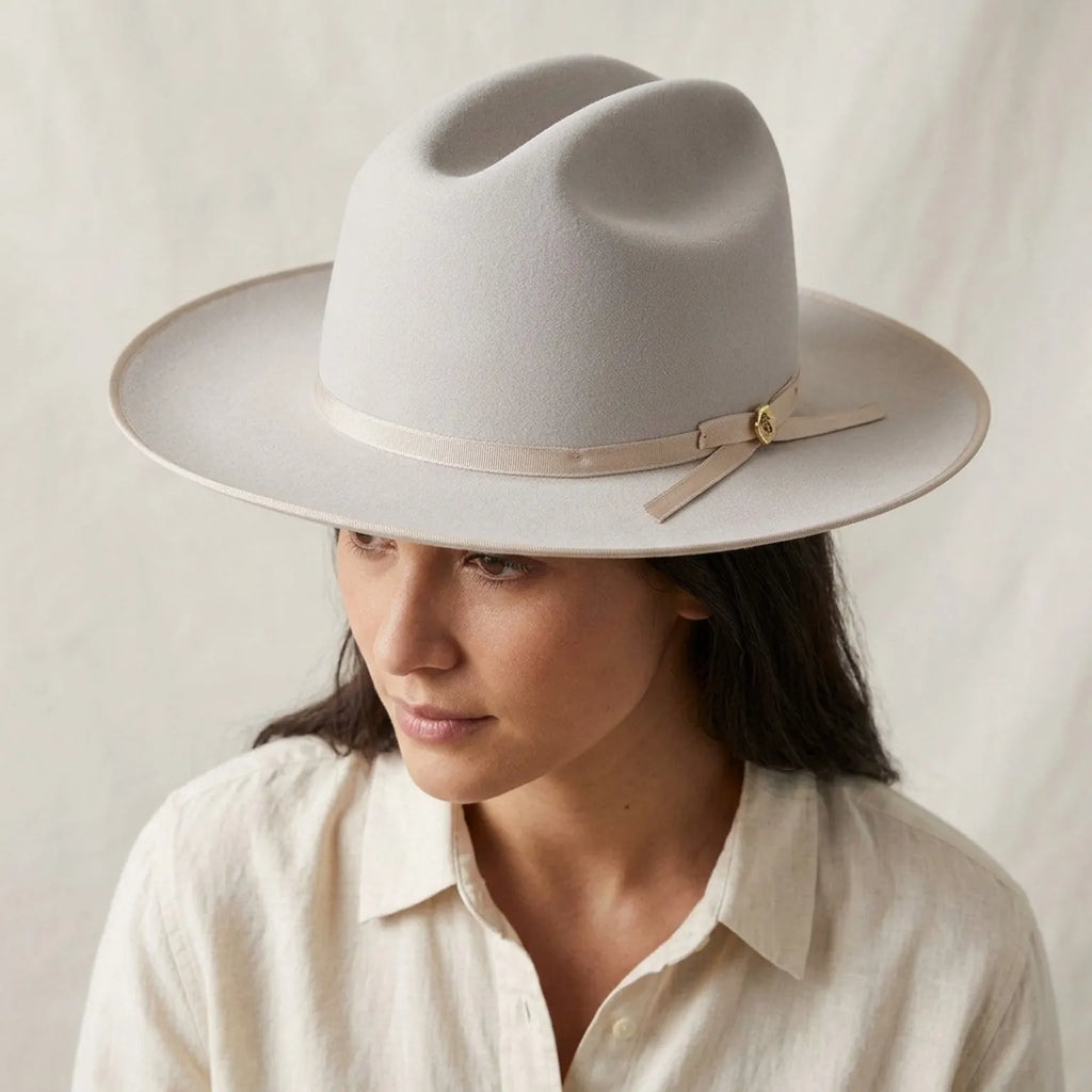 Light Grey Felt Fedora Hat with Grosgrain Ribbon Bow Trim
