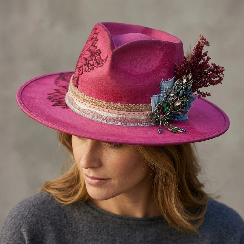 Hot Pink Fedora with Floral Embroidery and Crystal Brooch