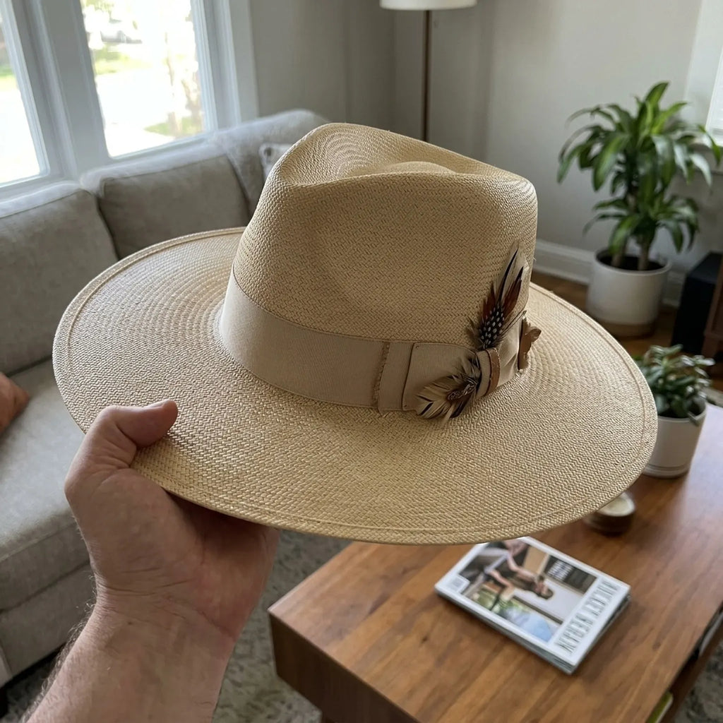 Unisex Beige Wide Brim Straw Fedora with Satin Feather Band