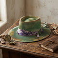 Moss Green Distressed Hat with Purple Patterned Band and Butterfly Pin