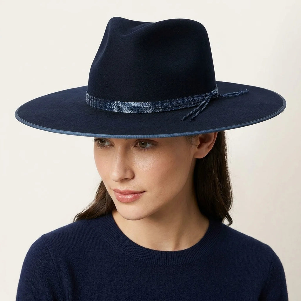 Navy Wool Felt Fedora with Braided Rope Band and Tasseled Trim