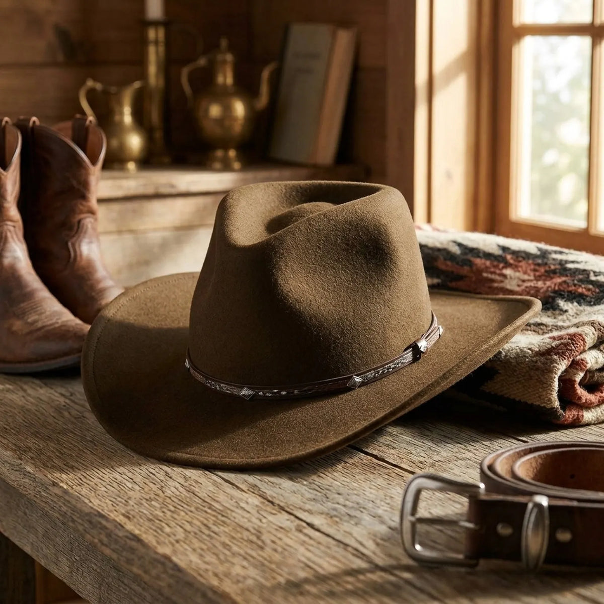 Unisex Brown Western Hat with Concho Leather Band
