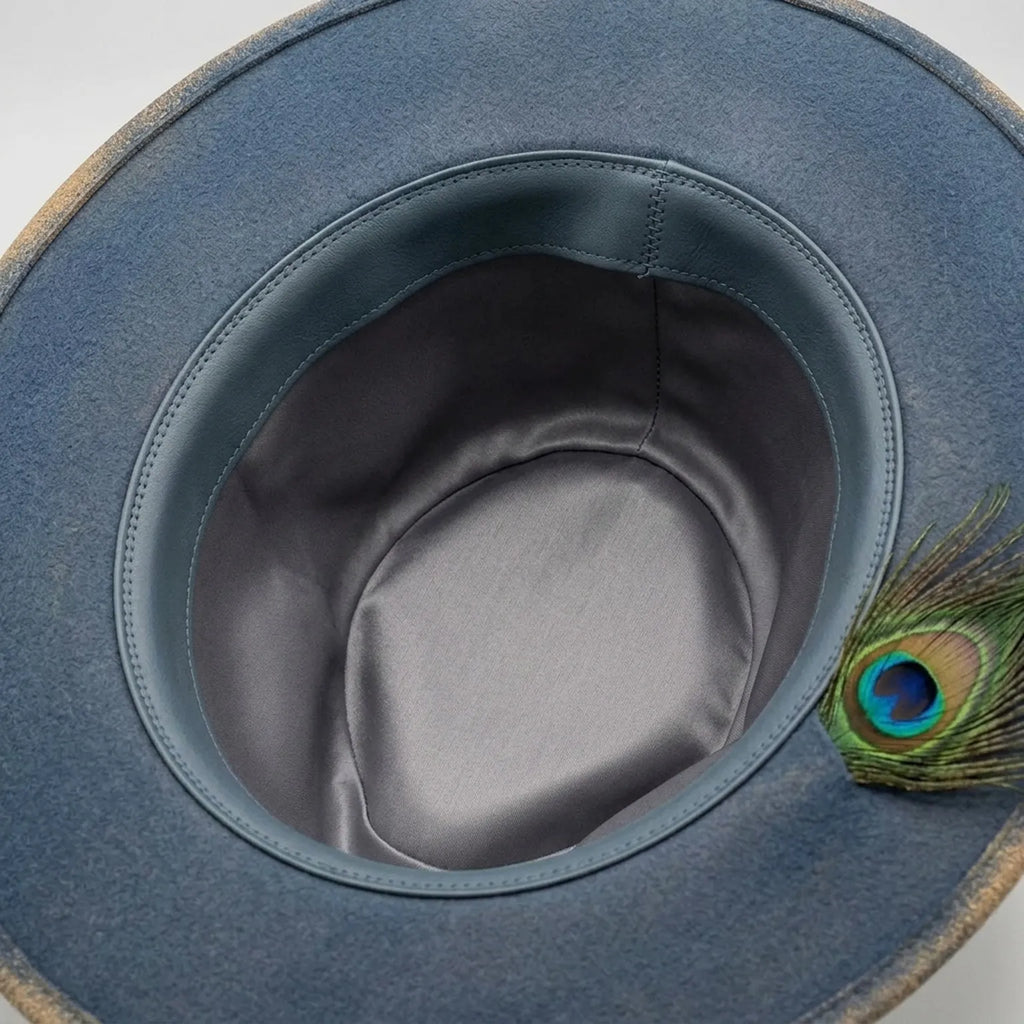 Tan Blue Distressed Felt Fedora with Peacock Feather Suede Bow