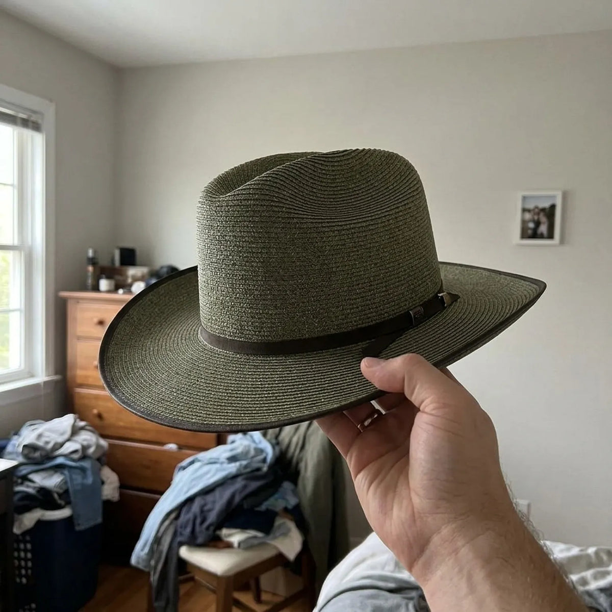 Olive Green Panama Hat in Straw with Bound Edge Detail