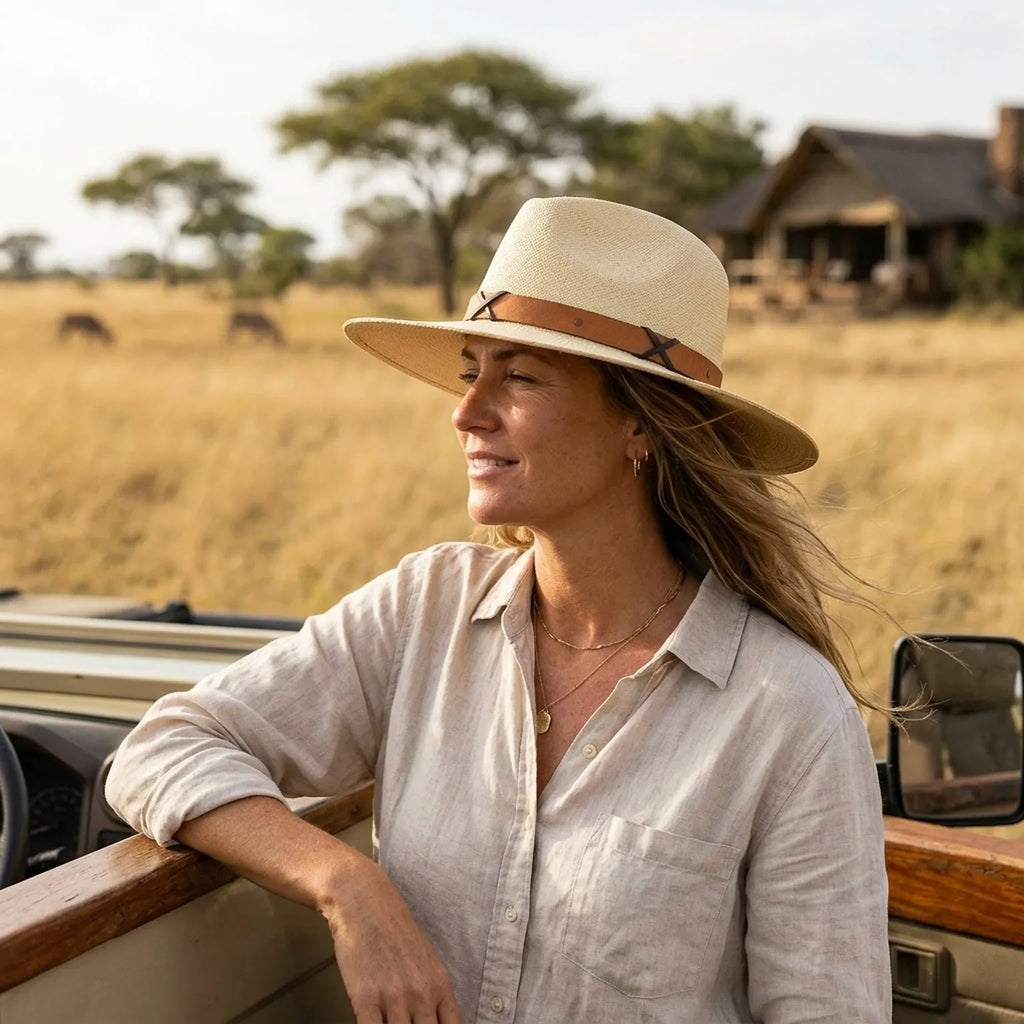 Natural Raffia Sun Hat with Leather Band and Cross Detail