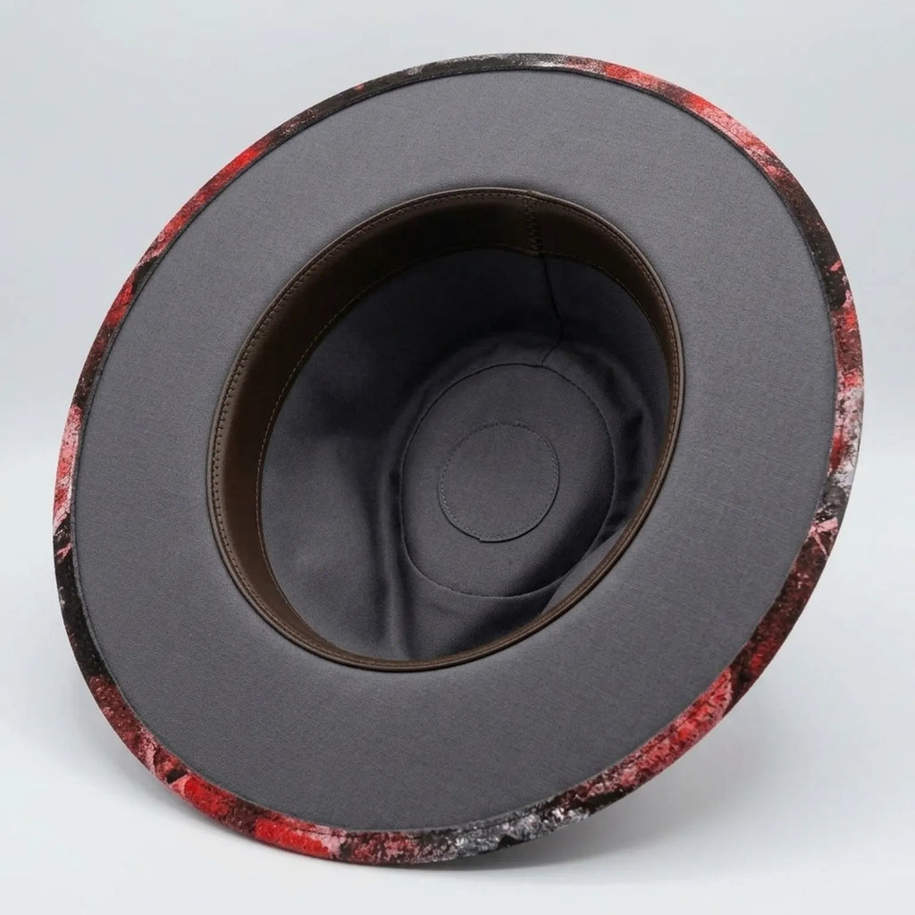 Red Black Splatter Felt Fedora with Card Feather Black Bow