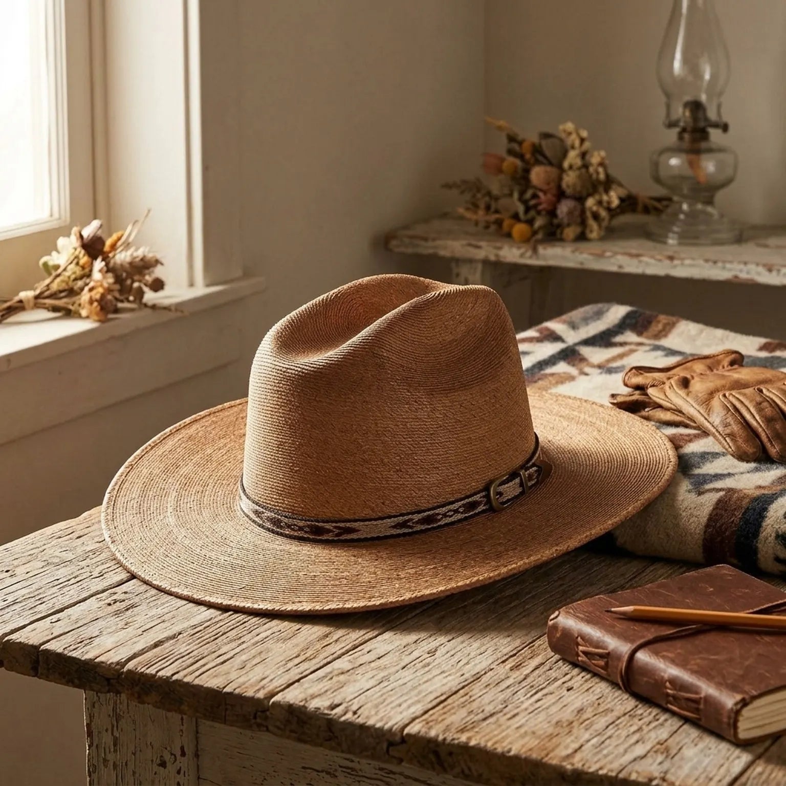Copper Tan Straw Fedora with Woven Patterned Band, Southwestern Boho