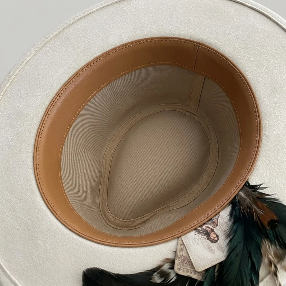 Cream Felt Fedora With Playing Cards Feathers And Wooden Beads