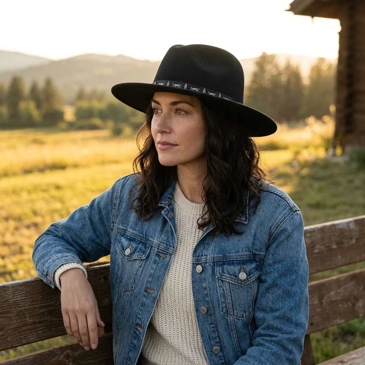 Black Felt Cowboy Hat with Embroidered Band and Side Ties