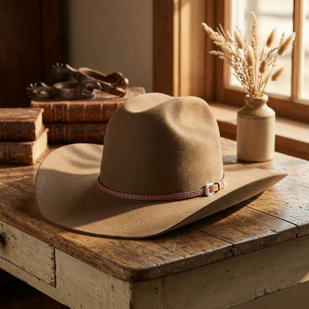 Tan Western Wool Felt Cowboy Hat with Tooled Leather Band