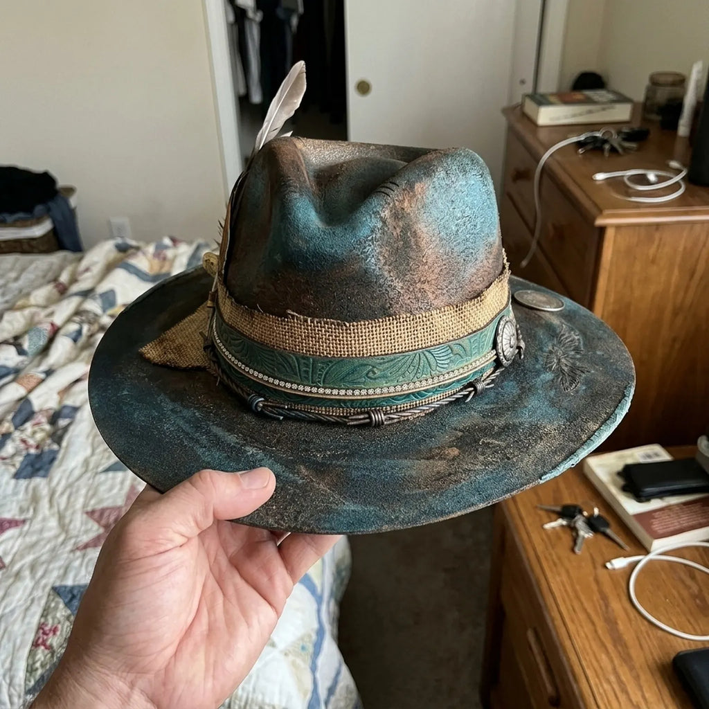 Aged Teal Distressed Fedora with Burlap Band, Concho and Coin