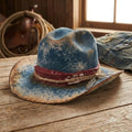 Distressed Blue Cowboy Hat with Feather Charm and Bandana Band