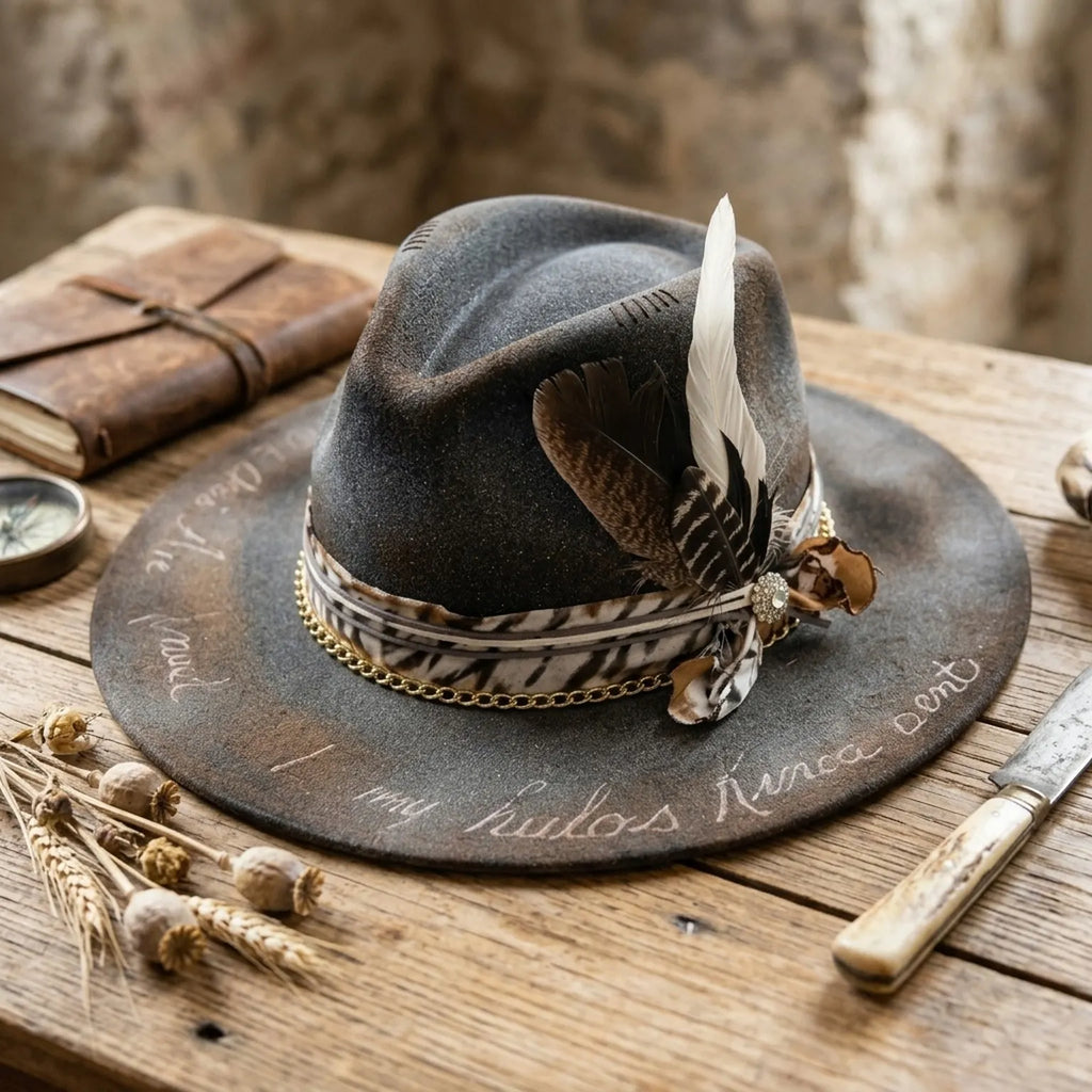 Charcoal Fedora with Gold Chain Zebra Print Band and Feathers