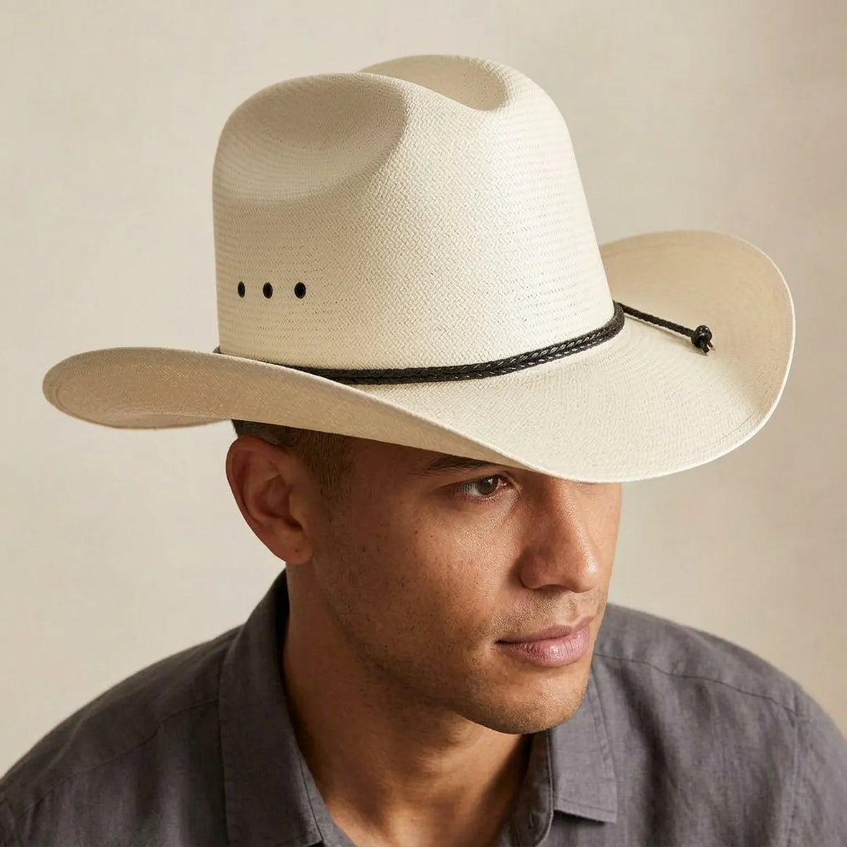 Unisex White Straw Cowboy Hat with Braided Band and Knot Detail