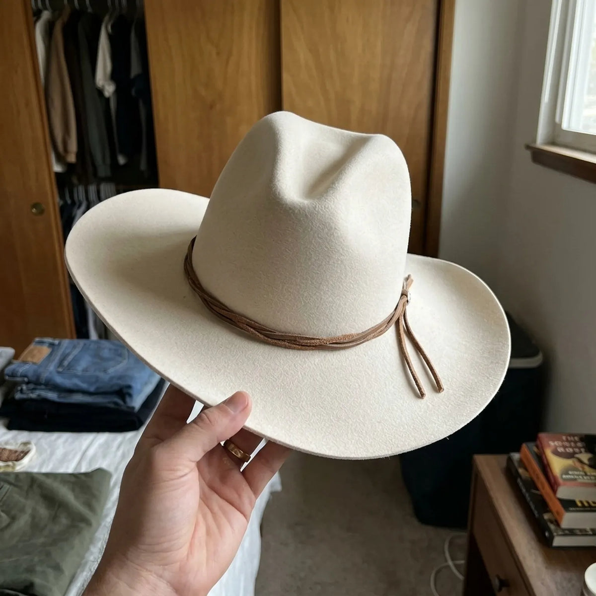 Off-White Wool Felt Cowboy Hat with Braided Cord Band