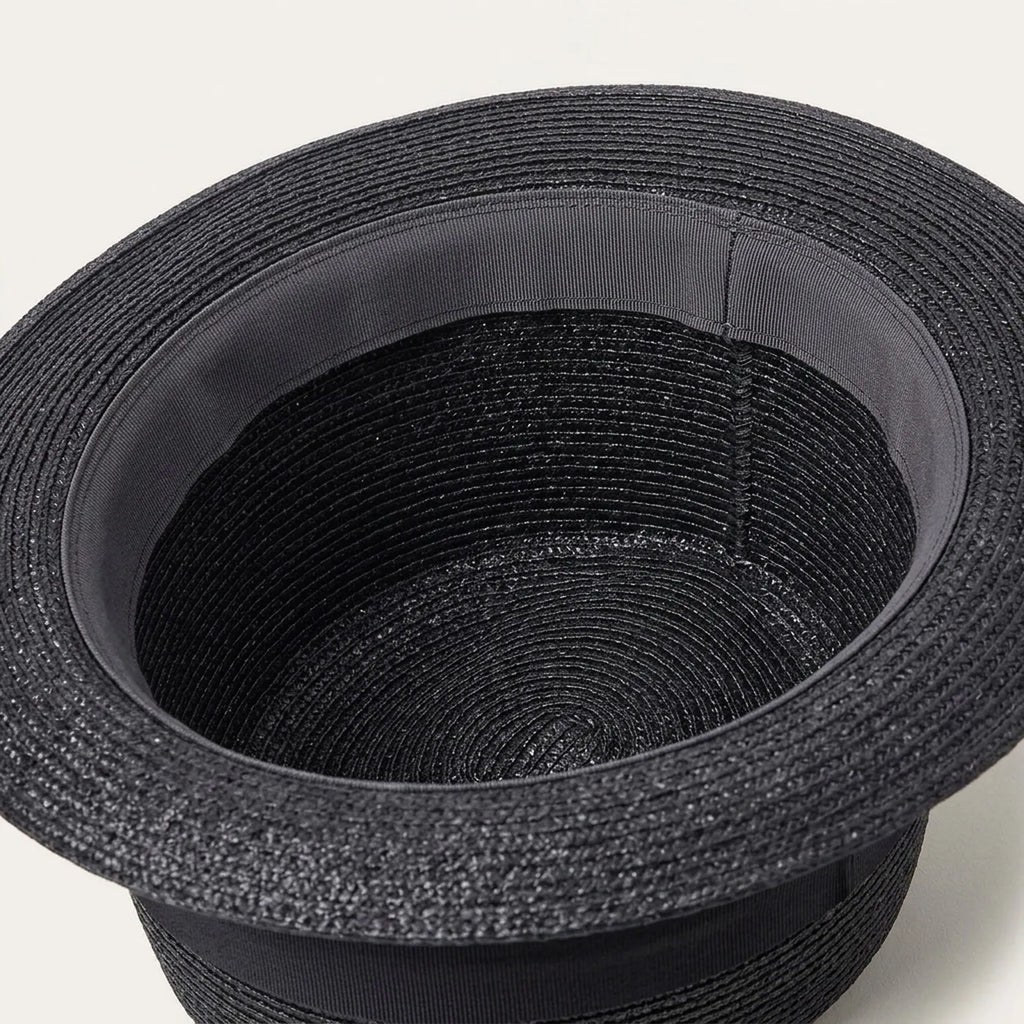 Black Straw Pork Pie Hat with Wide Brim and Flat Crown
