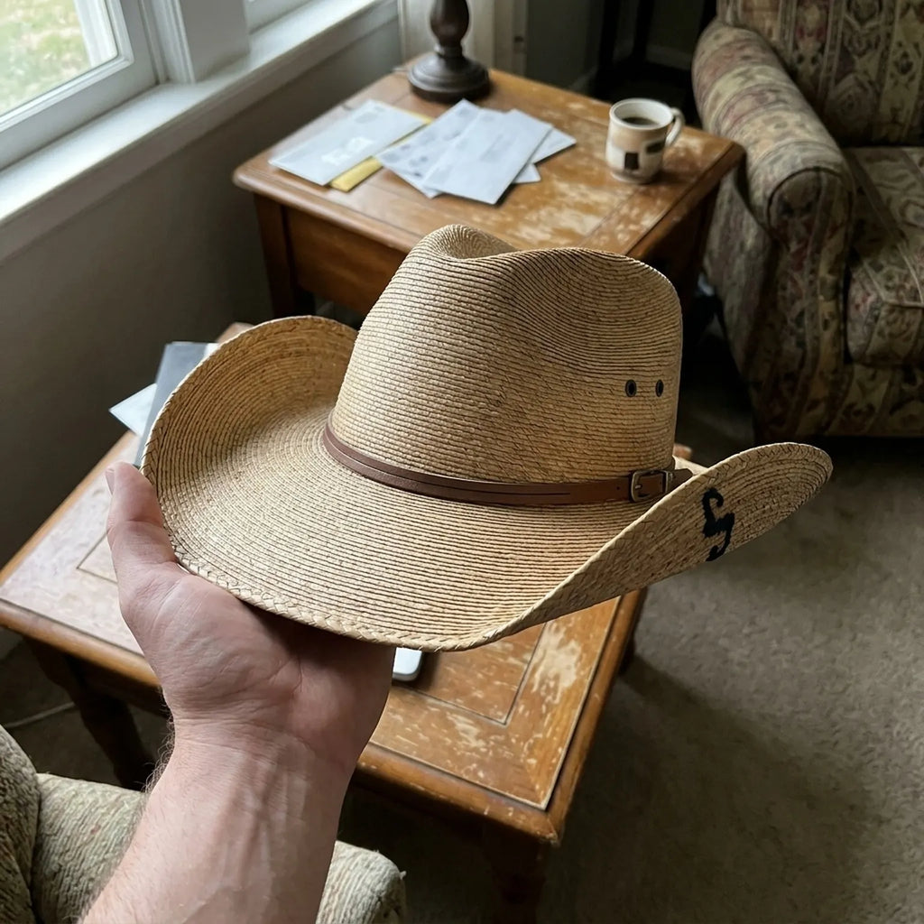 Unisex Brown Straw Cowboy Hat with Leather Band and Side Vents