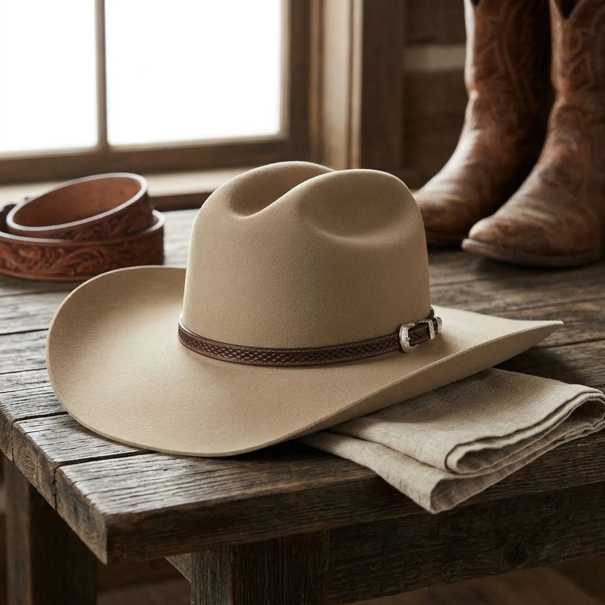 Tan Beige Felt Fedora with Woven Leather Hatband - Classic