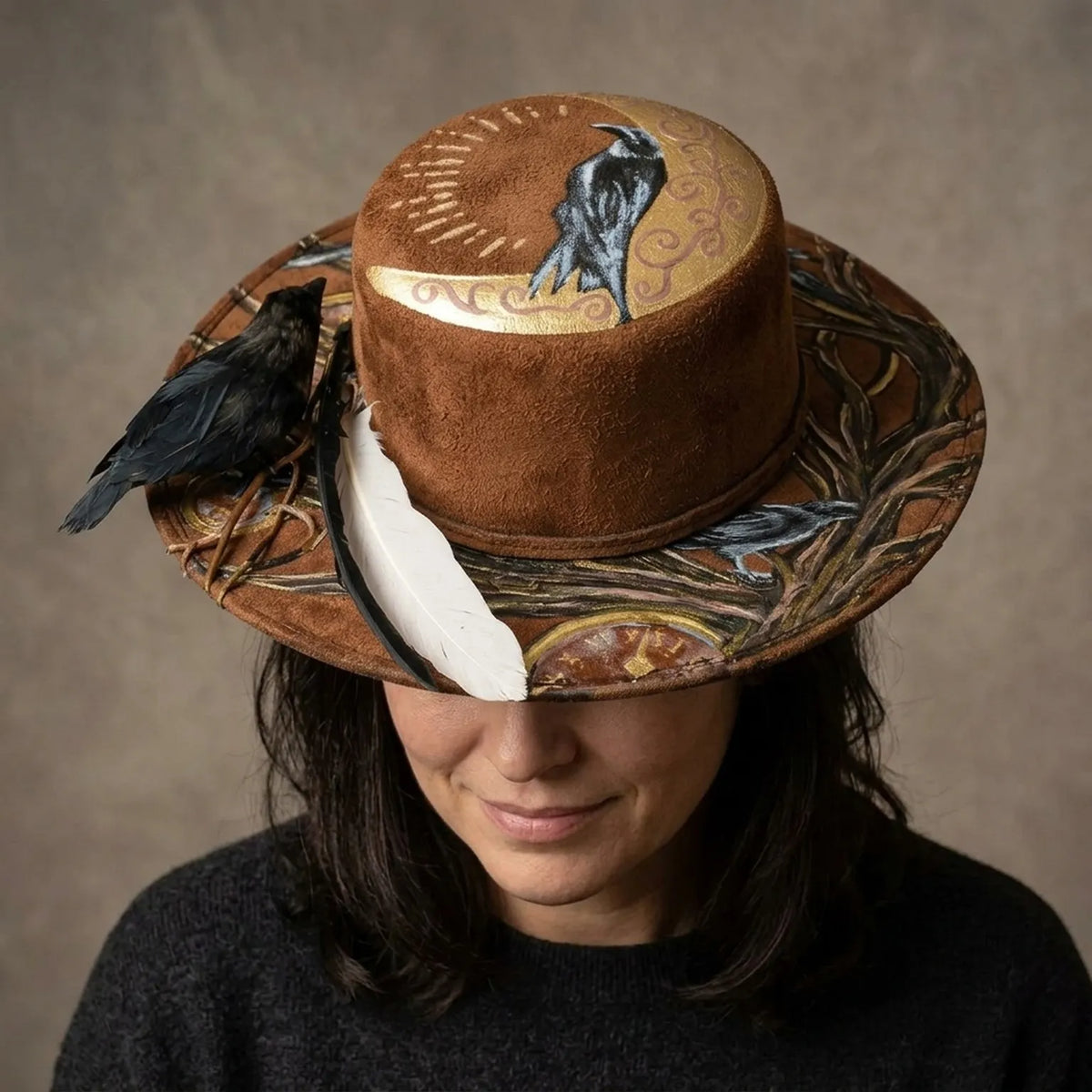 Brown Felt Western Hat with Hand-Painted Ravens and Moon