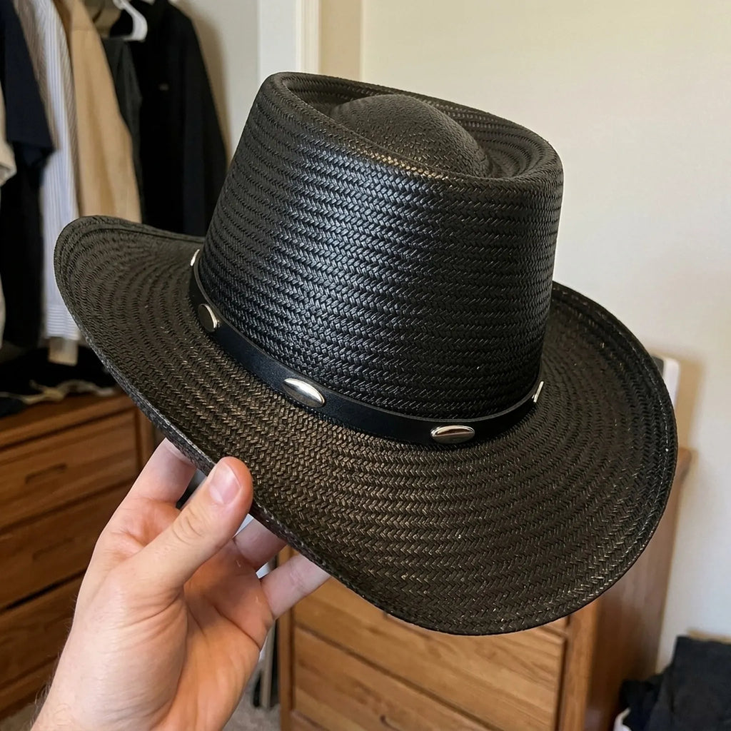 Black Straw Western Hat with Silver Conchos and Brim