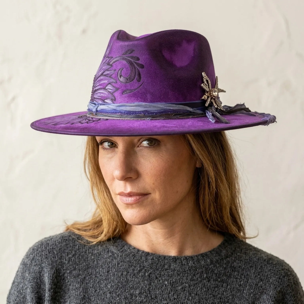 Purple Floral Fedora with Painted Sunflower and Jeweled Brooch