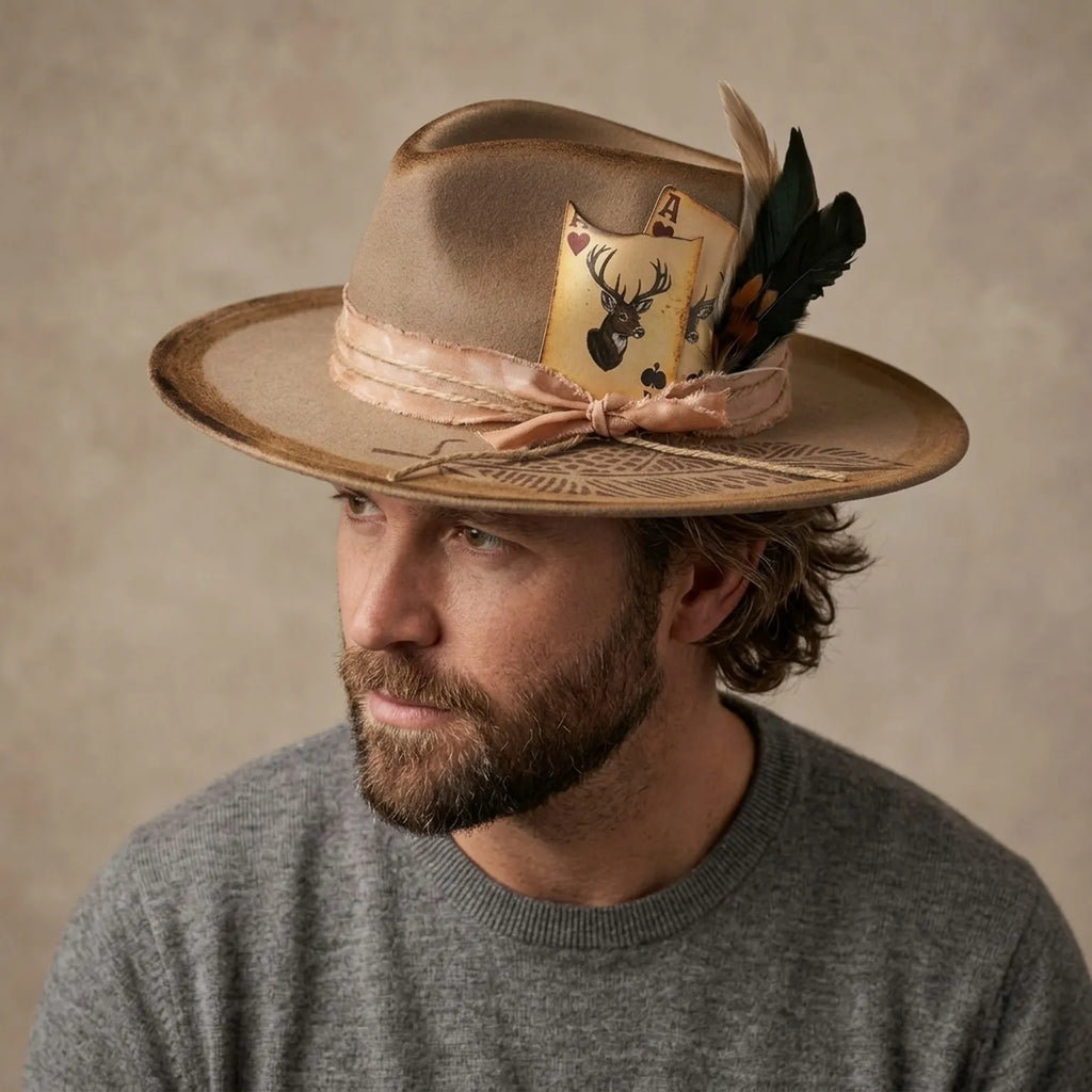Tan Felt Western Hat With Playing Cards Feathers And Etched Brim