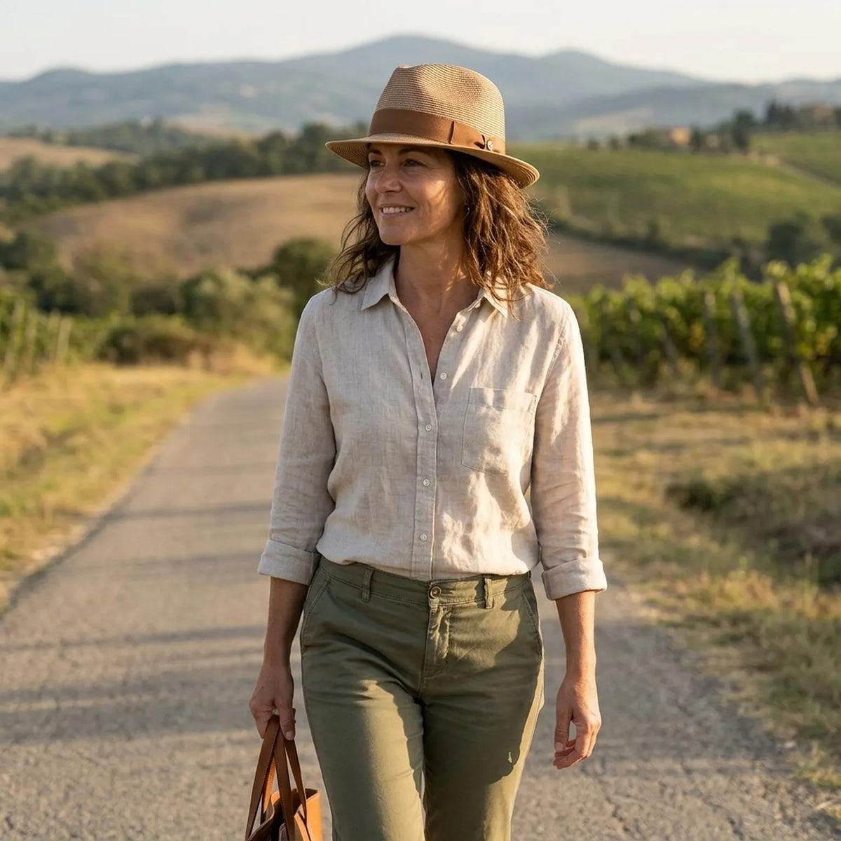 Tan Straw Fedora Hat with Wide Brim and Brown Ribbon Band