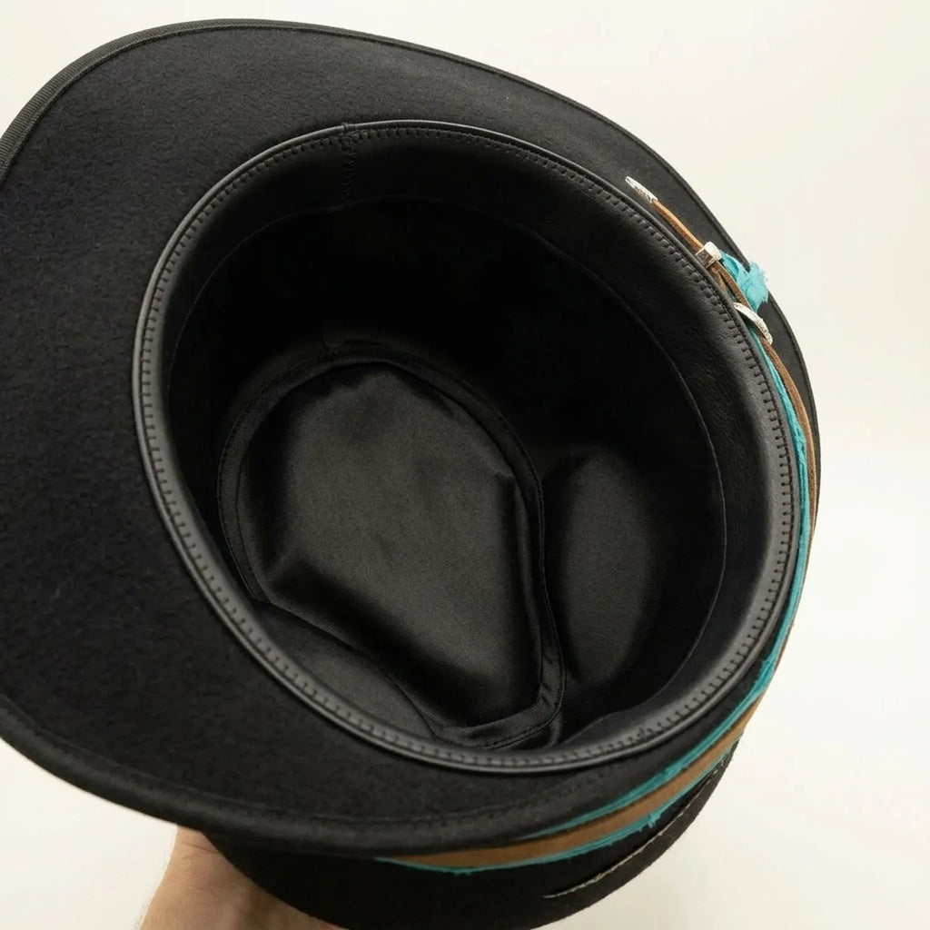 Black Felt Fedora with Blue Sequin Leaves and Peacock Feather