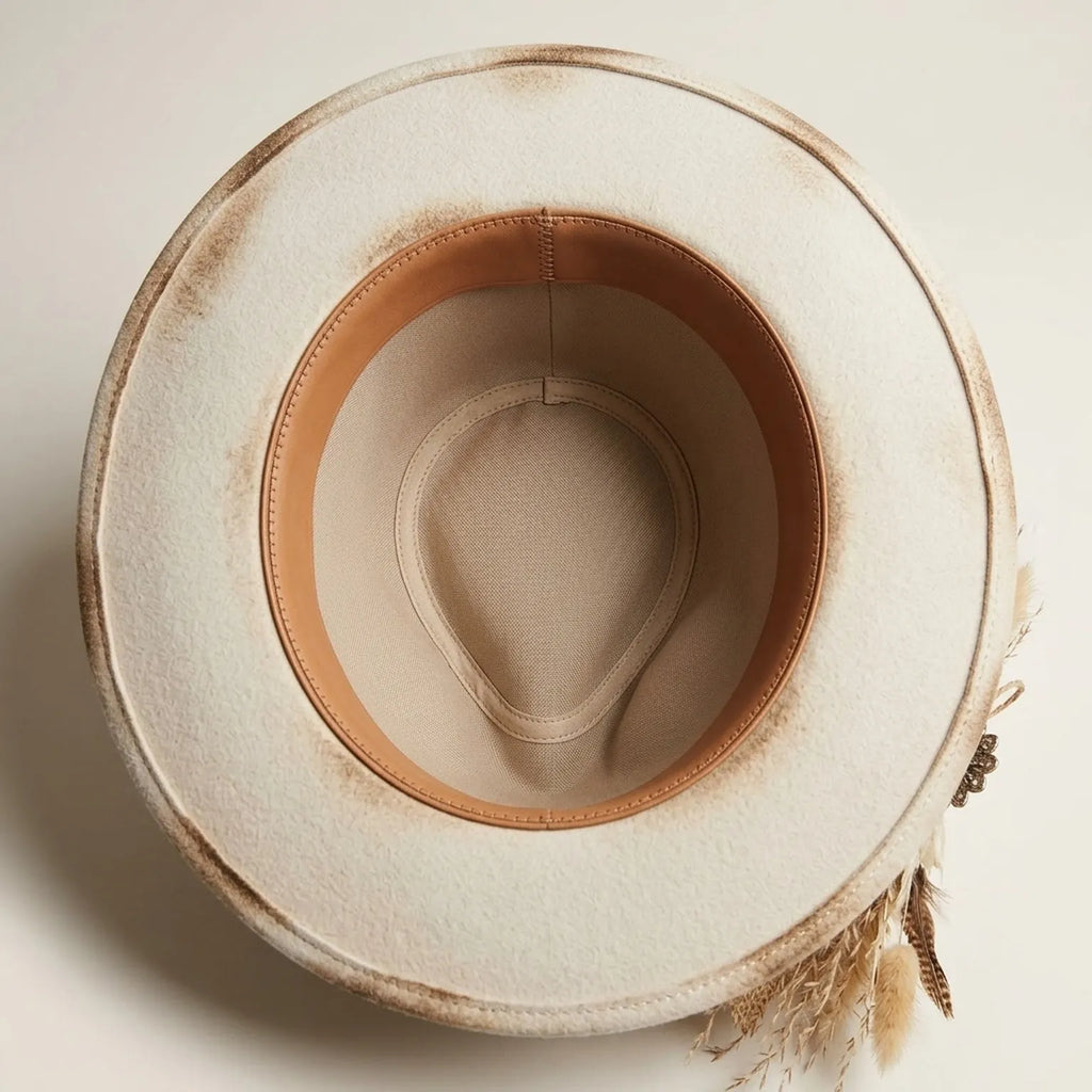 Cream Distressed Felt Fedora with Paisley Band Dried Plumes