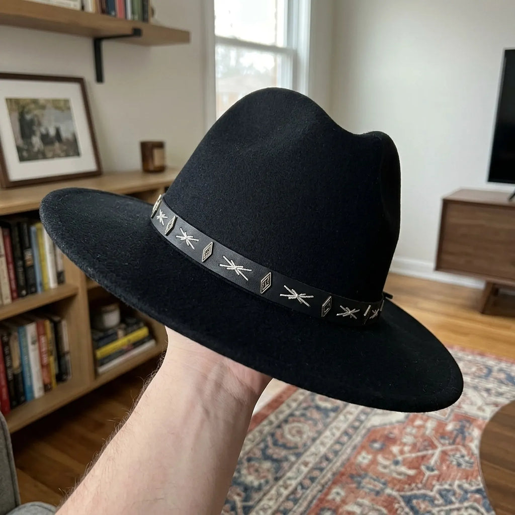 Black Felt Cowboy Hat with Embroidered Band and Side Ties
