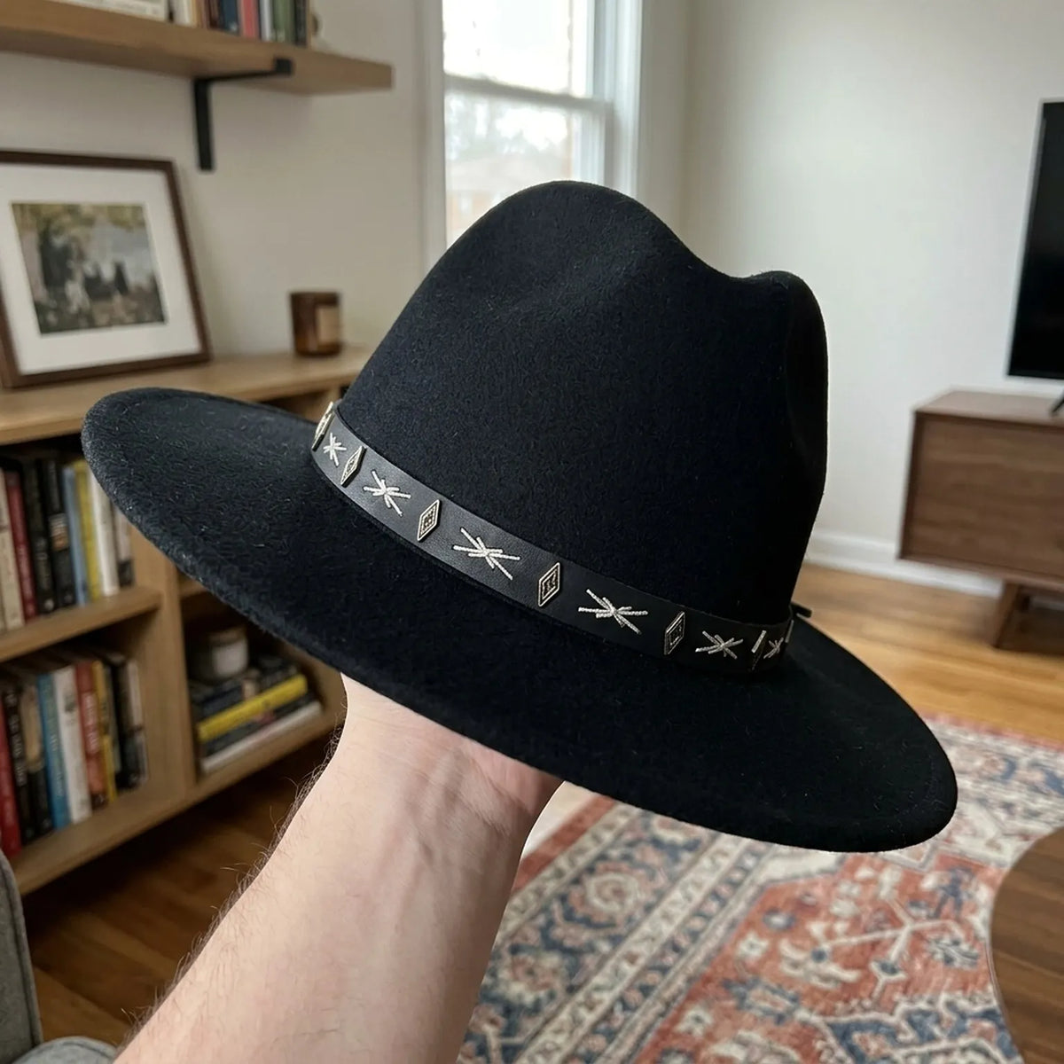 Black Felt Cowboy Hat with Embroidered Band and Side Ties