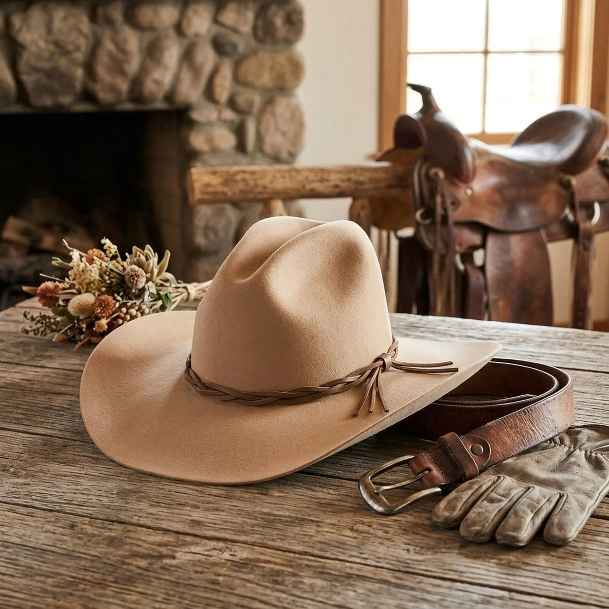 Tan Wool Felt Cowboy Hat with Braided Leather Tassel Band