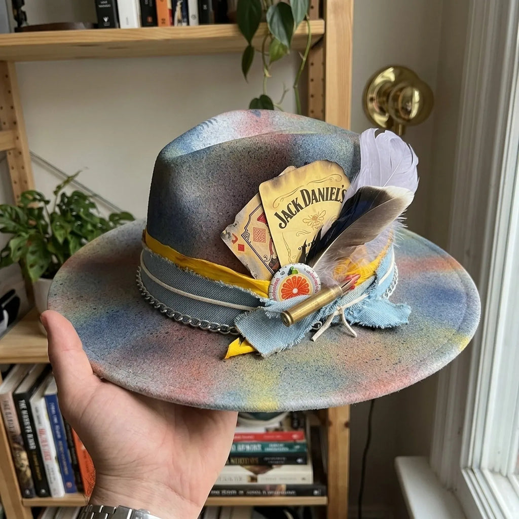 Multicolor Tie Dye Fedora with Jack Daniels Card Bullet and Chain
