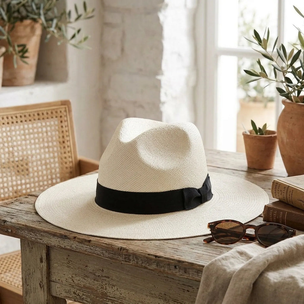 Cream Straw Fedora Hat with Black Grosgrain Band and Pinch Crown
