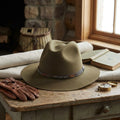 Olive Wool Felt Fedora with Textured Leather Band and Feather Trim