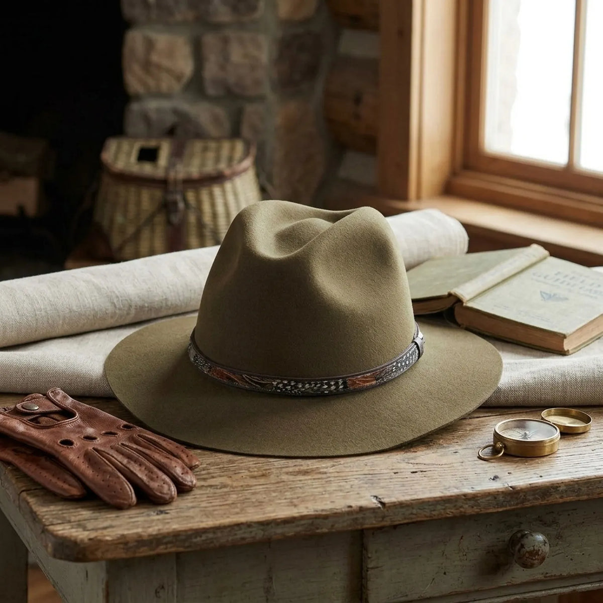 Olive Wool Felt Fedora with Textured Leather Band and Feather Trim