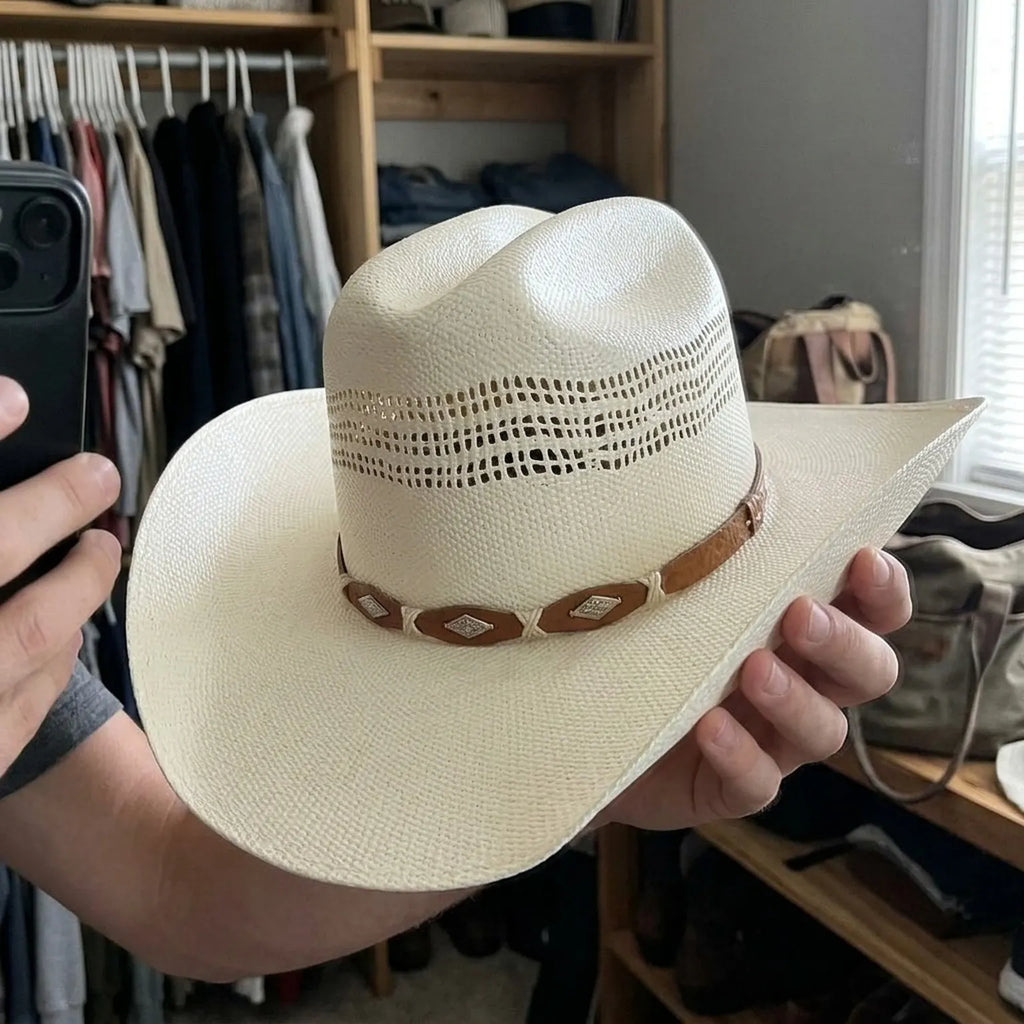 Cream Straw Western Hat with Vented Crown and Diamond Stud Band