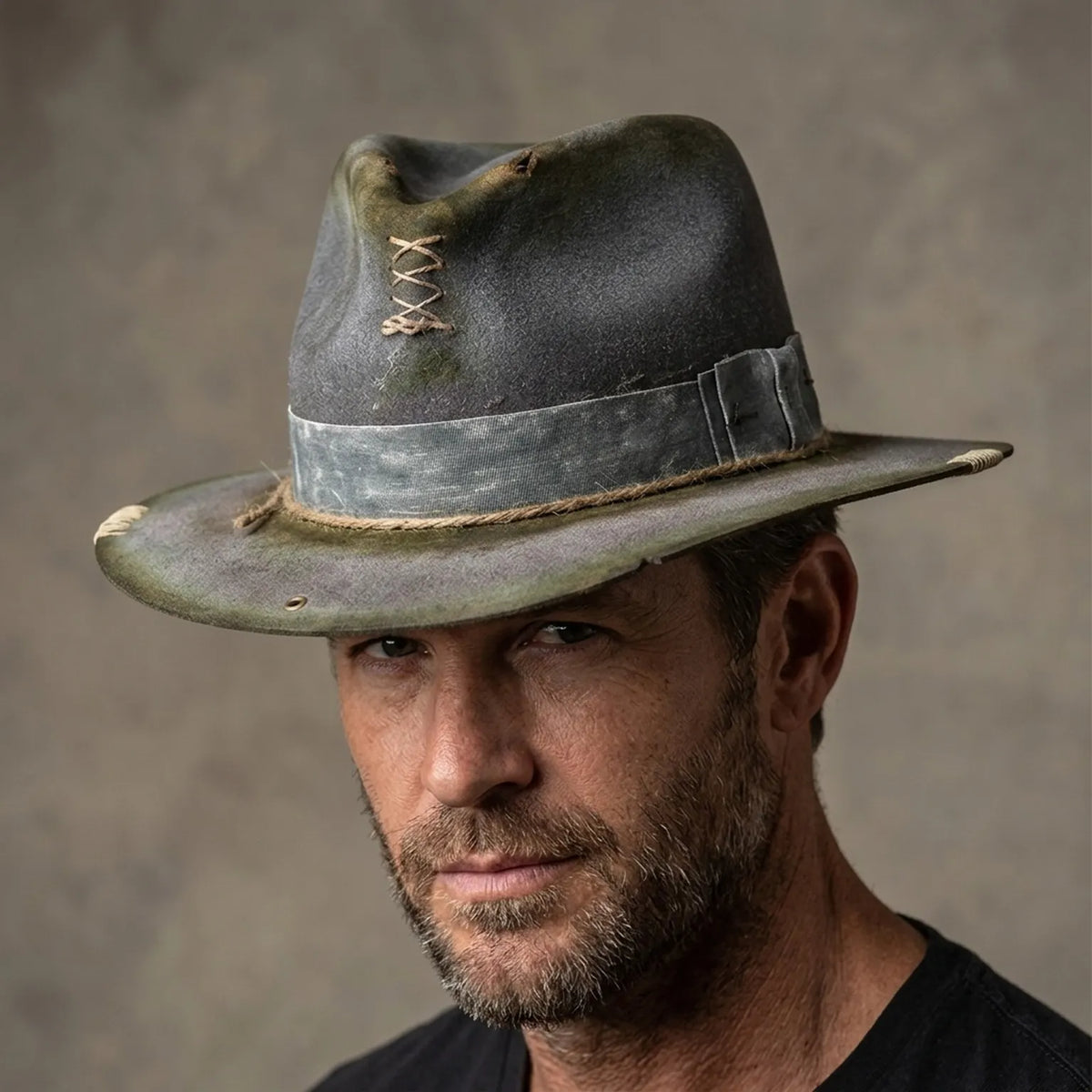 Olive Distressed Western Hat With Raffia Band And Lace-Up Crown