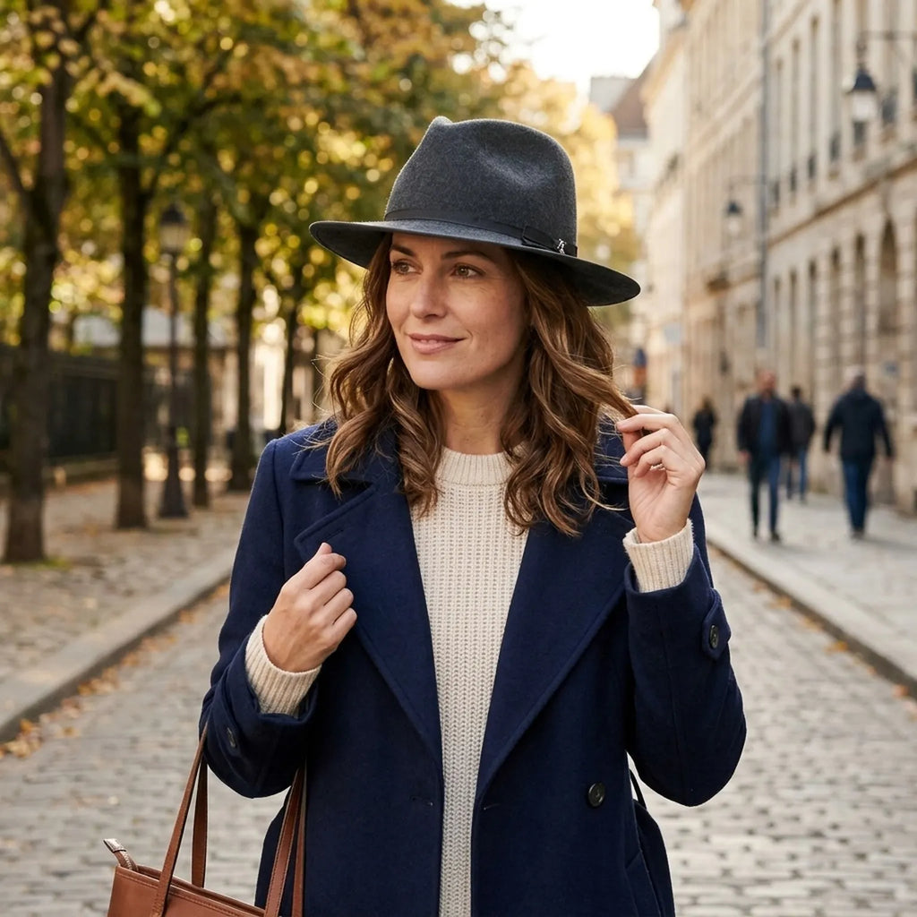 Heather Gray Felt Fedora with Grosgrain Band and Feather Detail