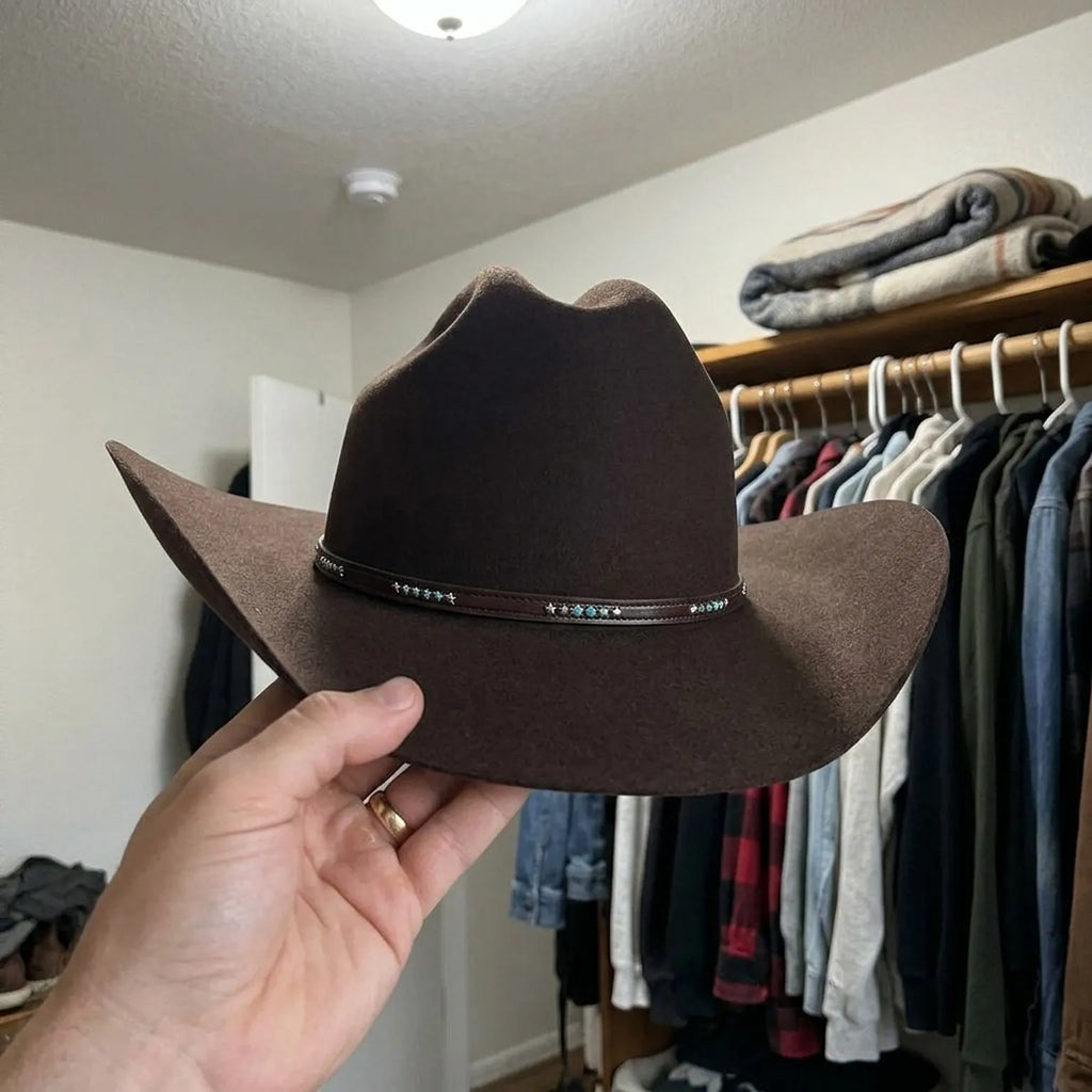 Dark Brown Felt Cowboy Hat with Rhinestone Embellished Band