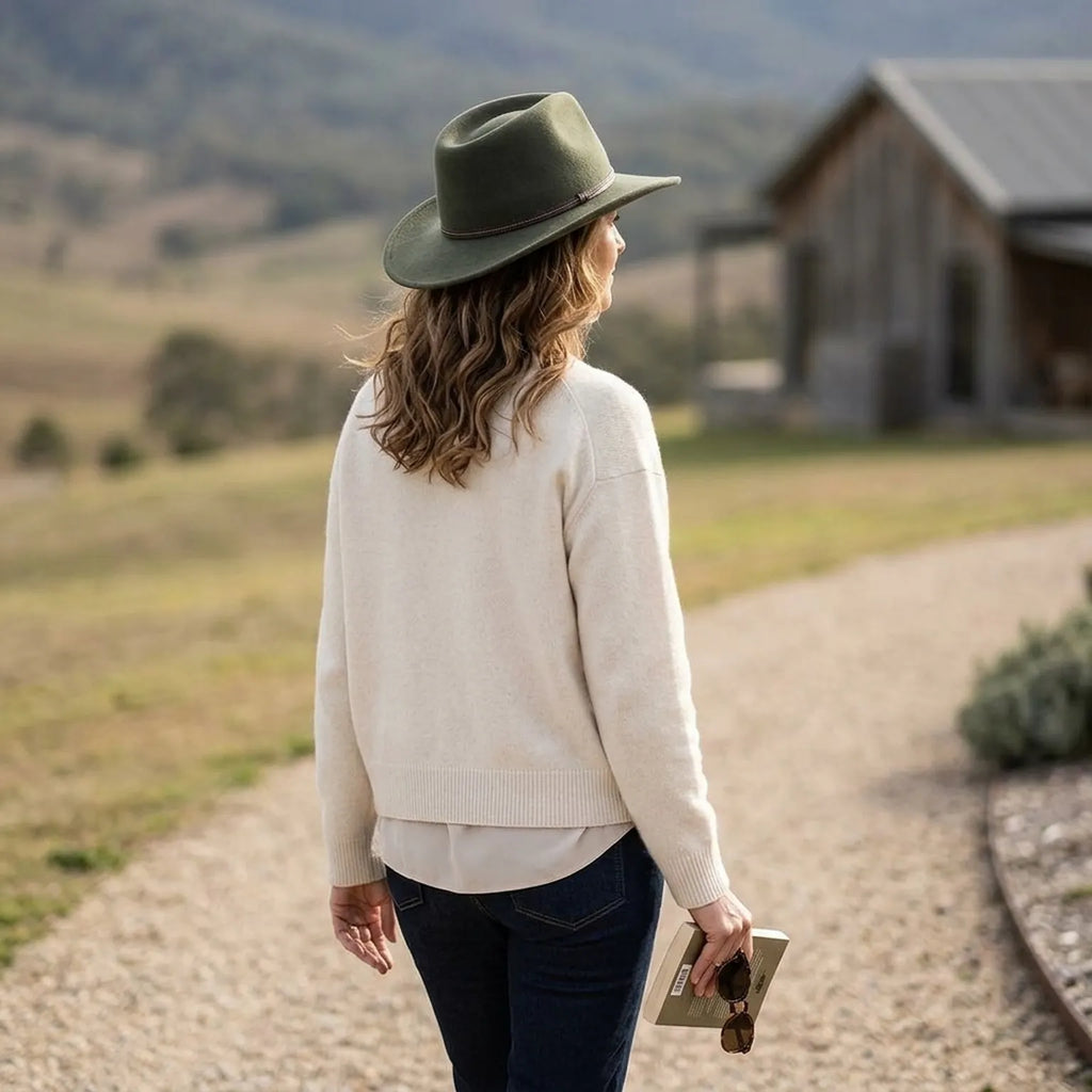 Olive Green Western Felt Hat with Stitched Leather Band