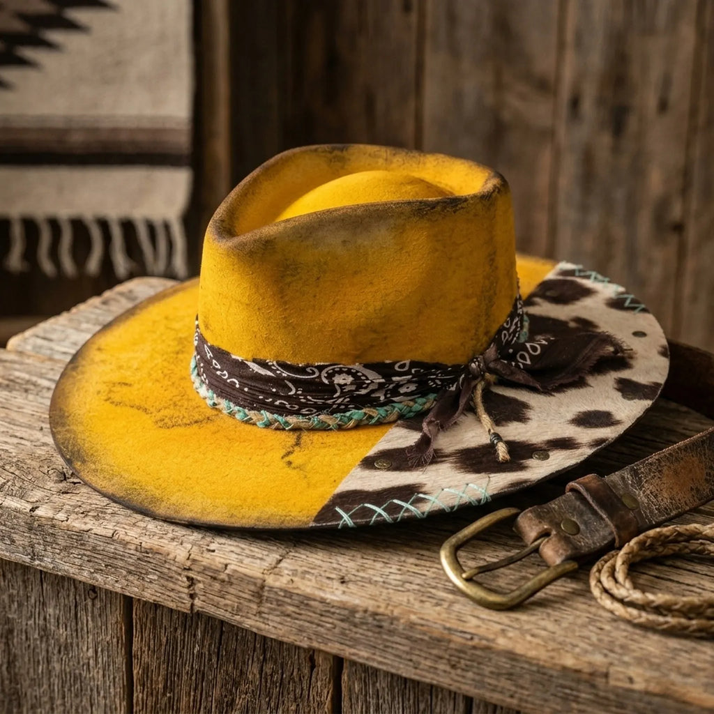 Yellow Western Hat with Cow Print Patch and Paisley Bandana Band