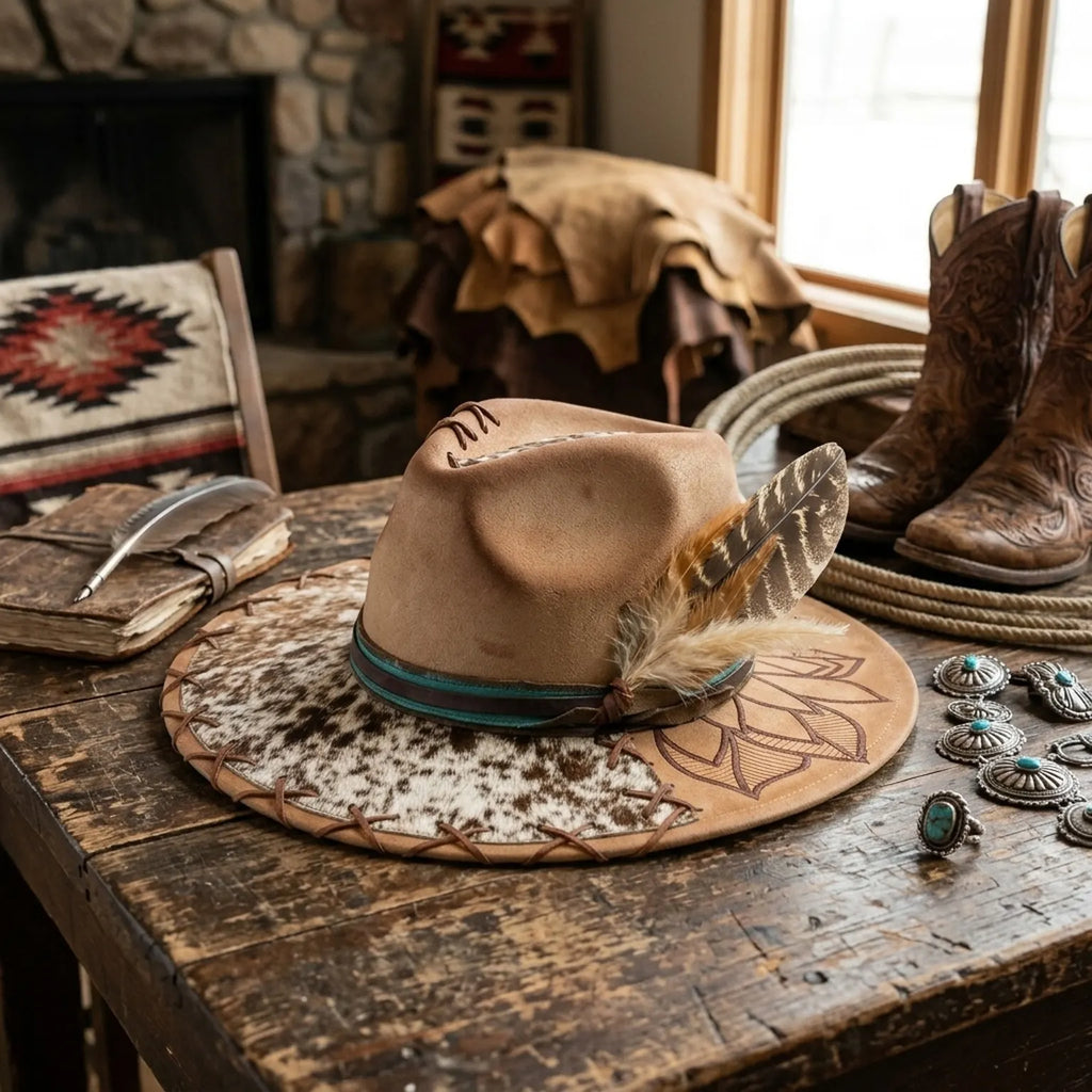 Tan Felt Cowboy Hat with Cow Print Brim and Feather Trim