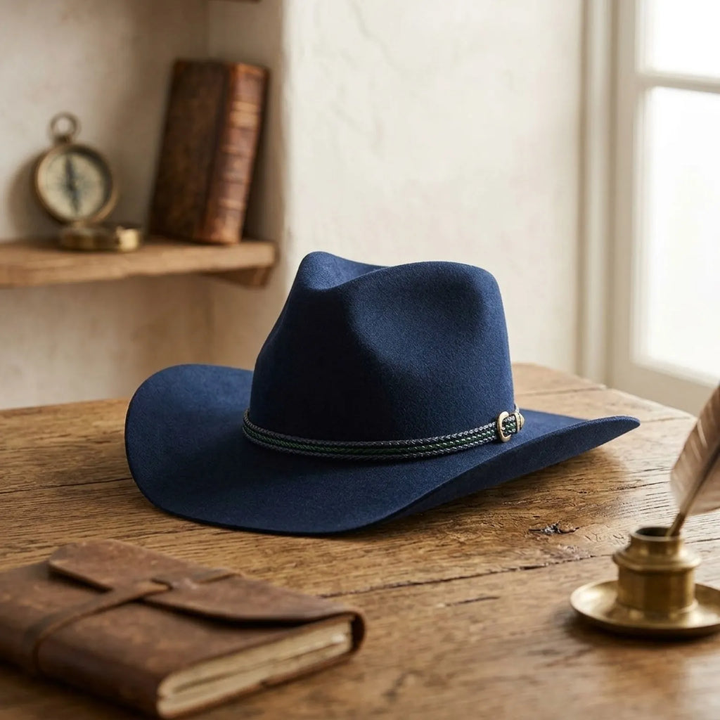 Navy Wool Felt Cowboy Hat with Braided Band and Brim