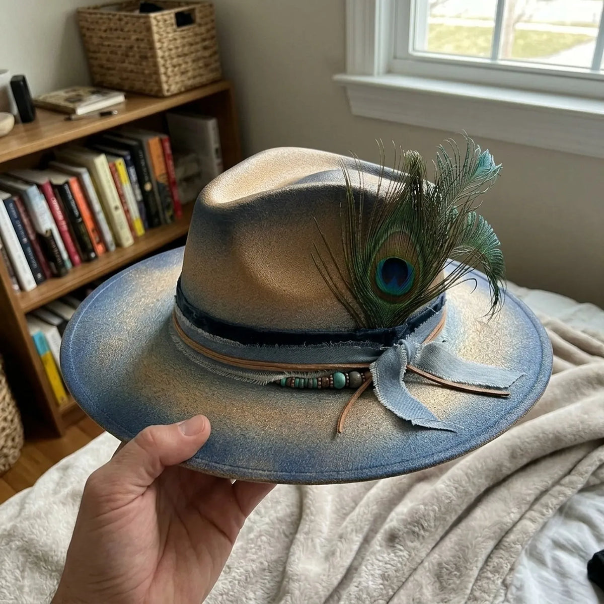 Tan Blue Distressed Felt Fedora with Peacock Feather Suede Bow